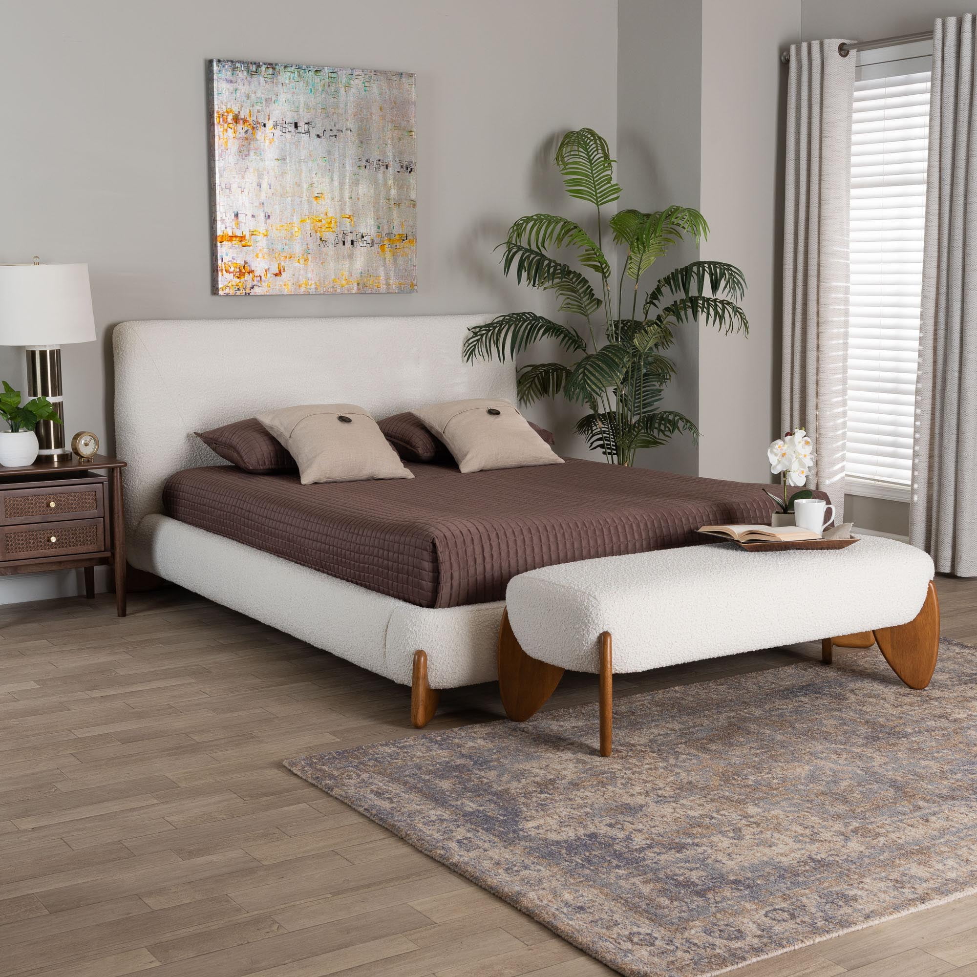 Baxton Studio Vinicio Mid-Century Bedroom Set, King, Cream