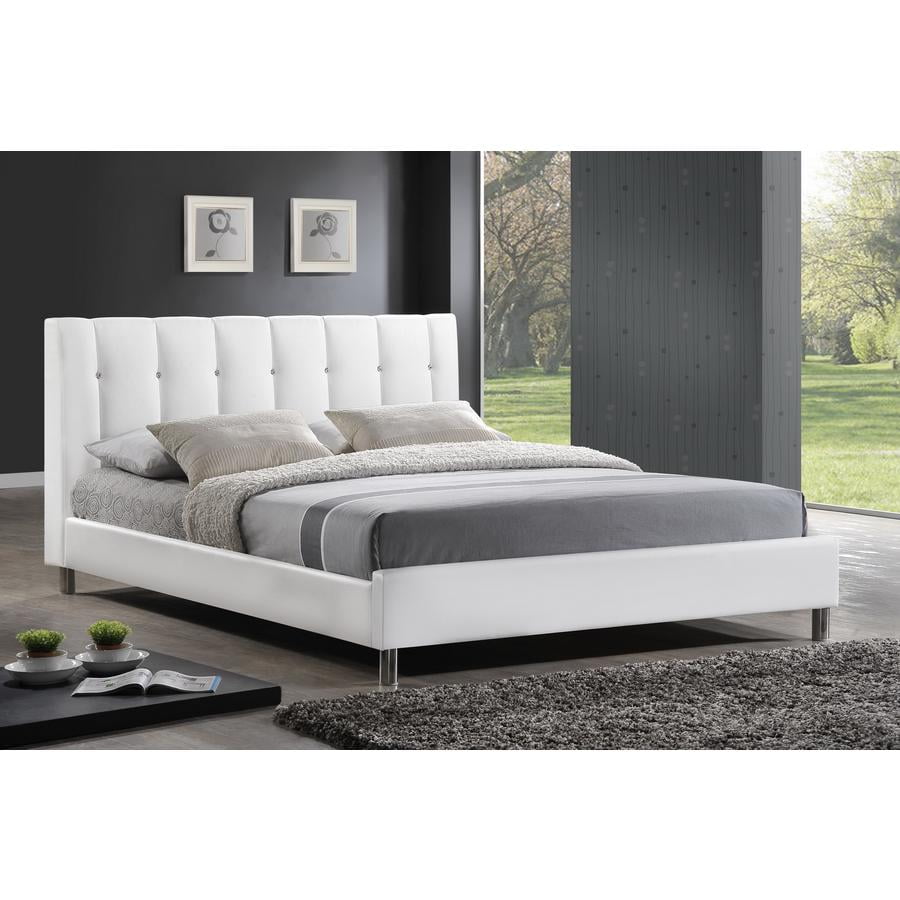 White Queen Faux Leather Upholstered Platform Bed with Tufted Headboard