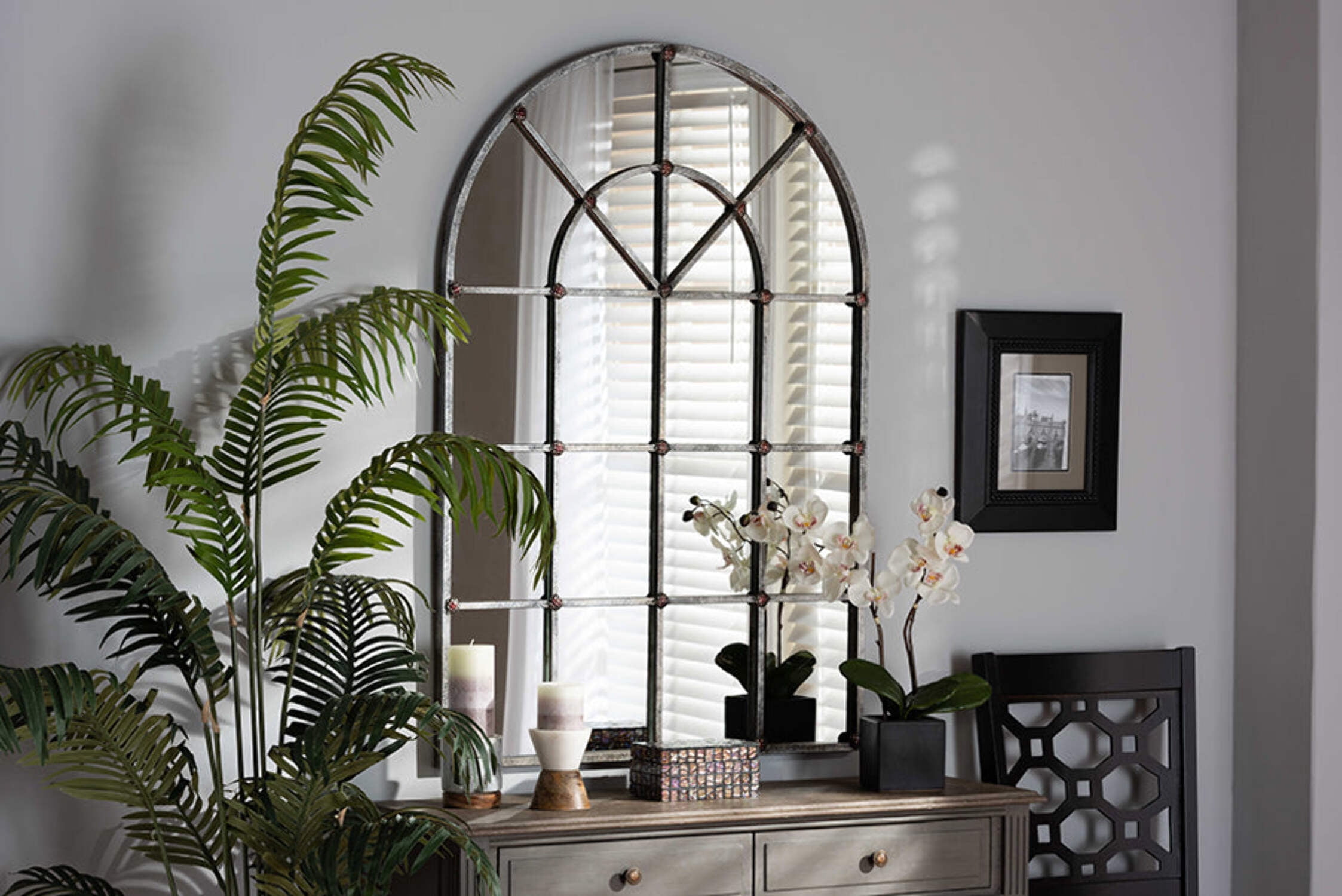 Newman Vintage Farmhouse 47" Antique Silver Arched Leather Wall Mirror