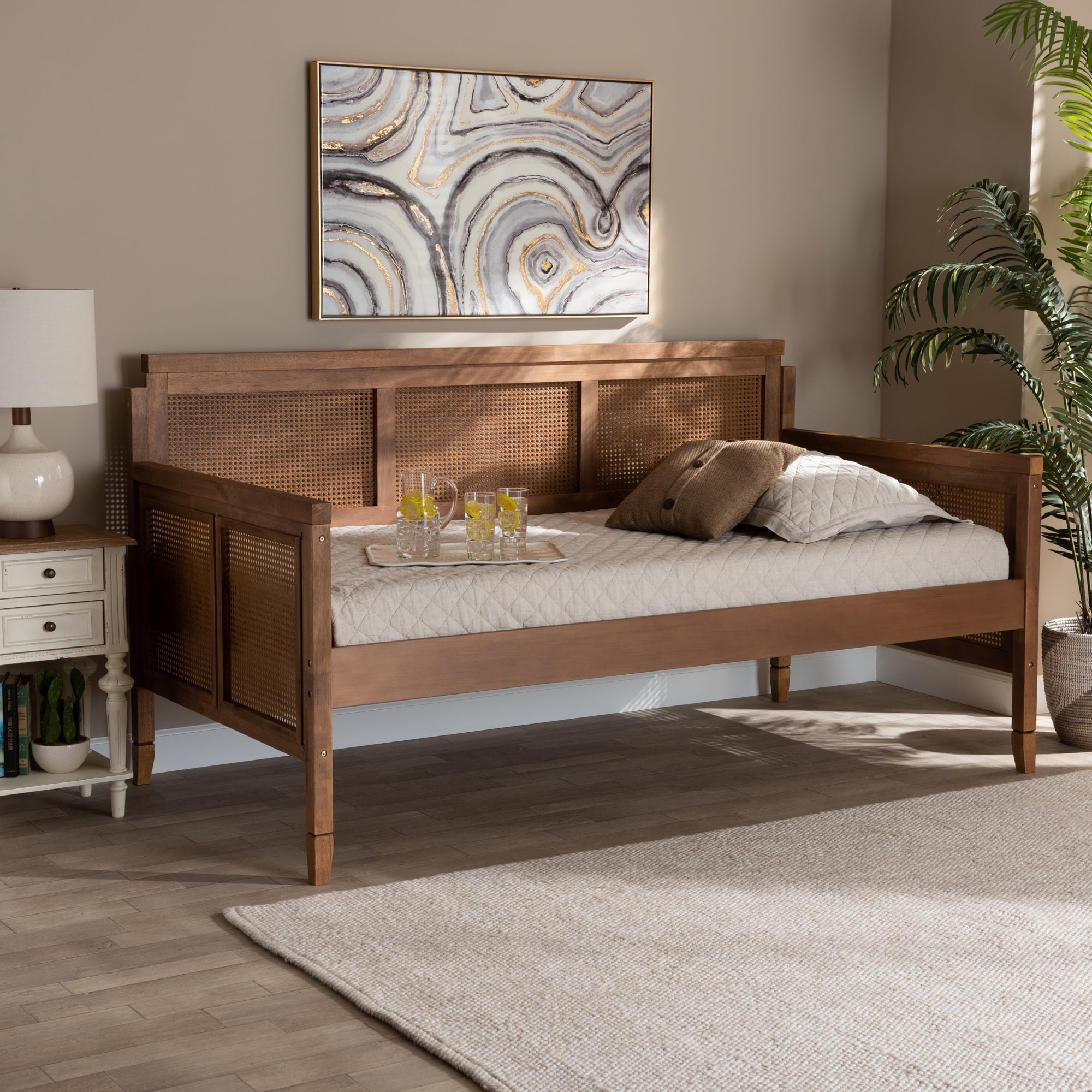 Baxton Studio Vintage French Inspired Synthetic Rattan Spade Feet Twin Daybed Ash Walnut