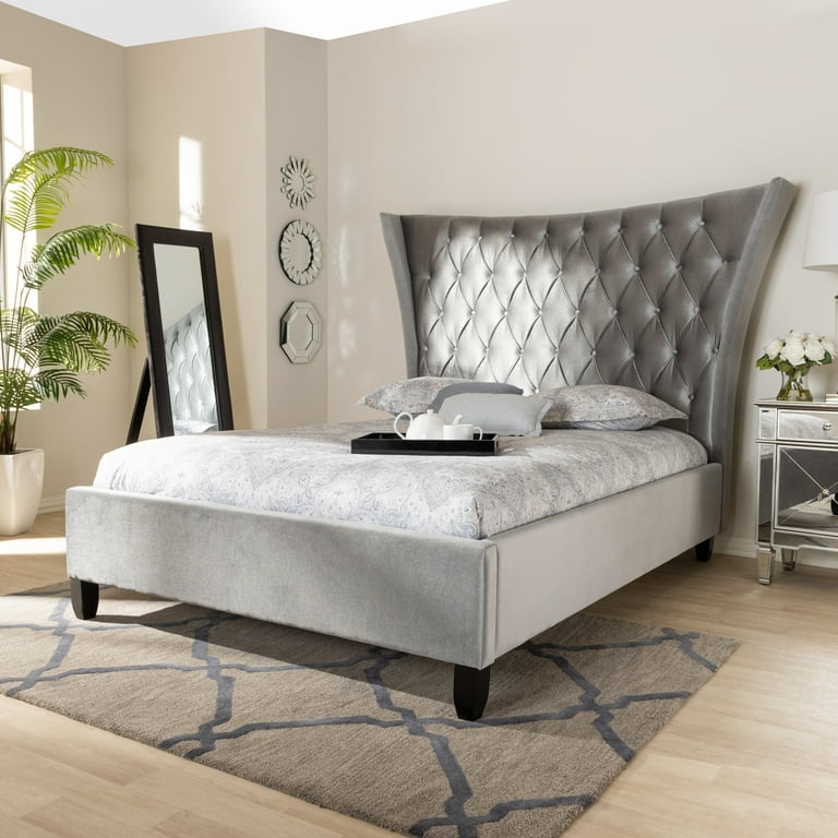 Baxton Studio Viola Glam and Luxe Grey Velvet Fabric Upholstered and Button Tufted King Size Platform Bed with Tall Wingback Headboard Baxton Studio Viola Glam and Luxe Grey Velvet Fabric Upholstered and Button Tufted King Size Platform Bed with Tall Wingback Headboard