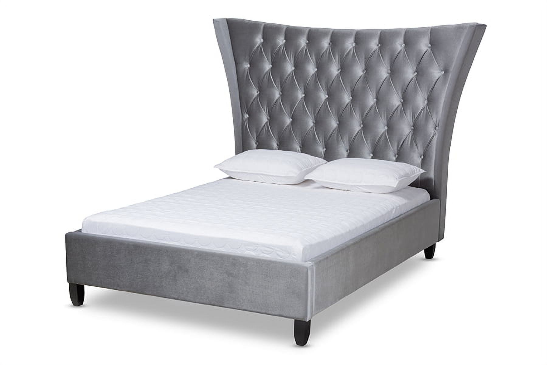 Baxton Studio Viola Glam and Luxe Grey Velvet Fabric Upholstered and Button Tufted Queen Size Platform Bed with Tall Wingback Headboard