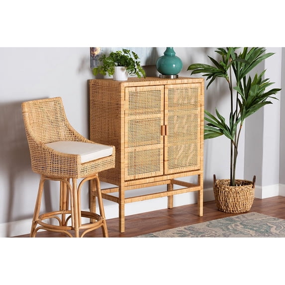 Baxton Studio Vivan Modern Bohemian Natural Brown Rattan and Mahogany Wood 3-Shelf Storage Cabinet