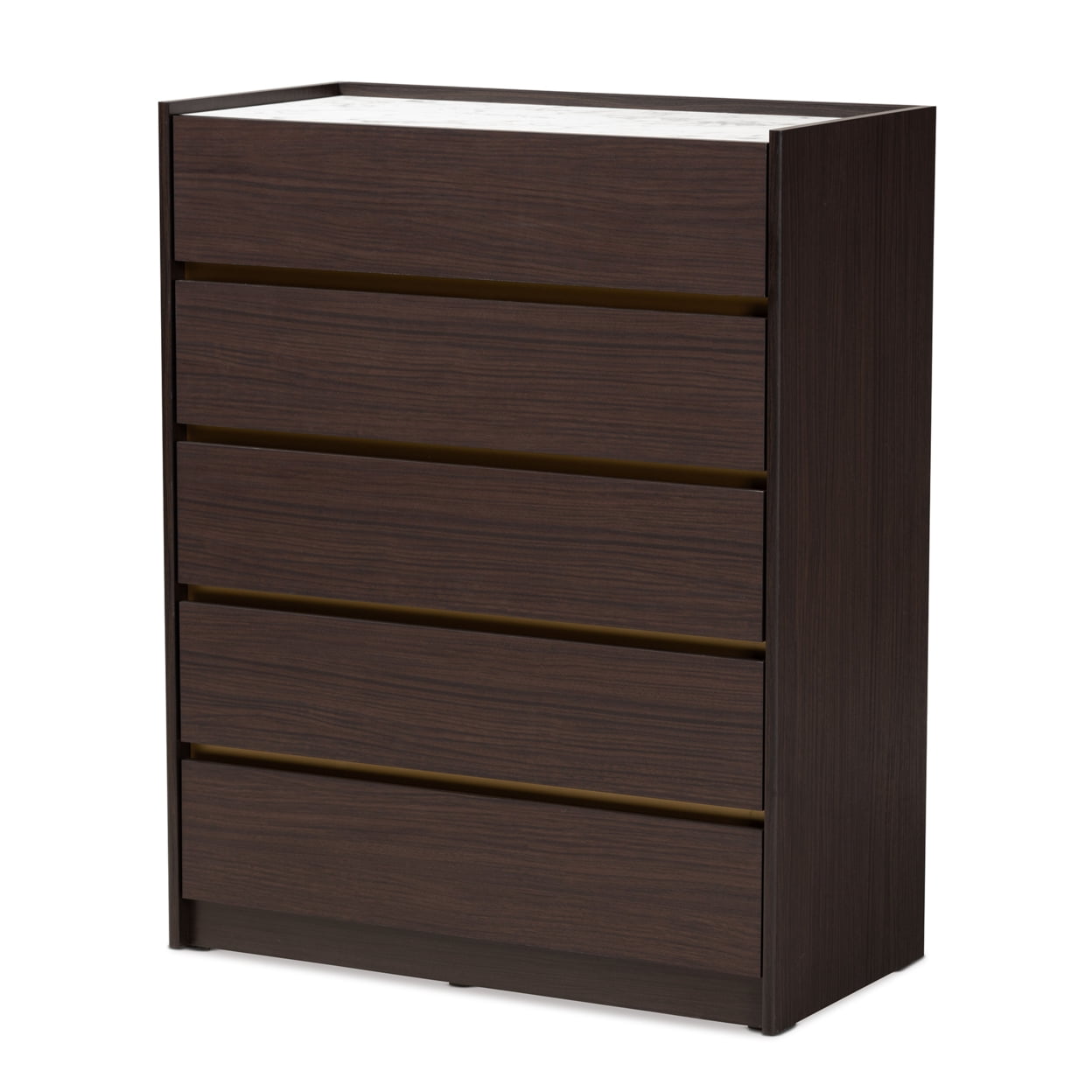 Walker Dark Brown Wood 5-Drawer Chest with Faux Marble Top