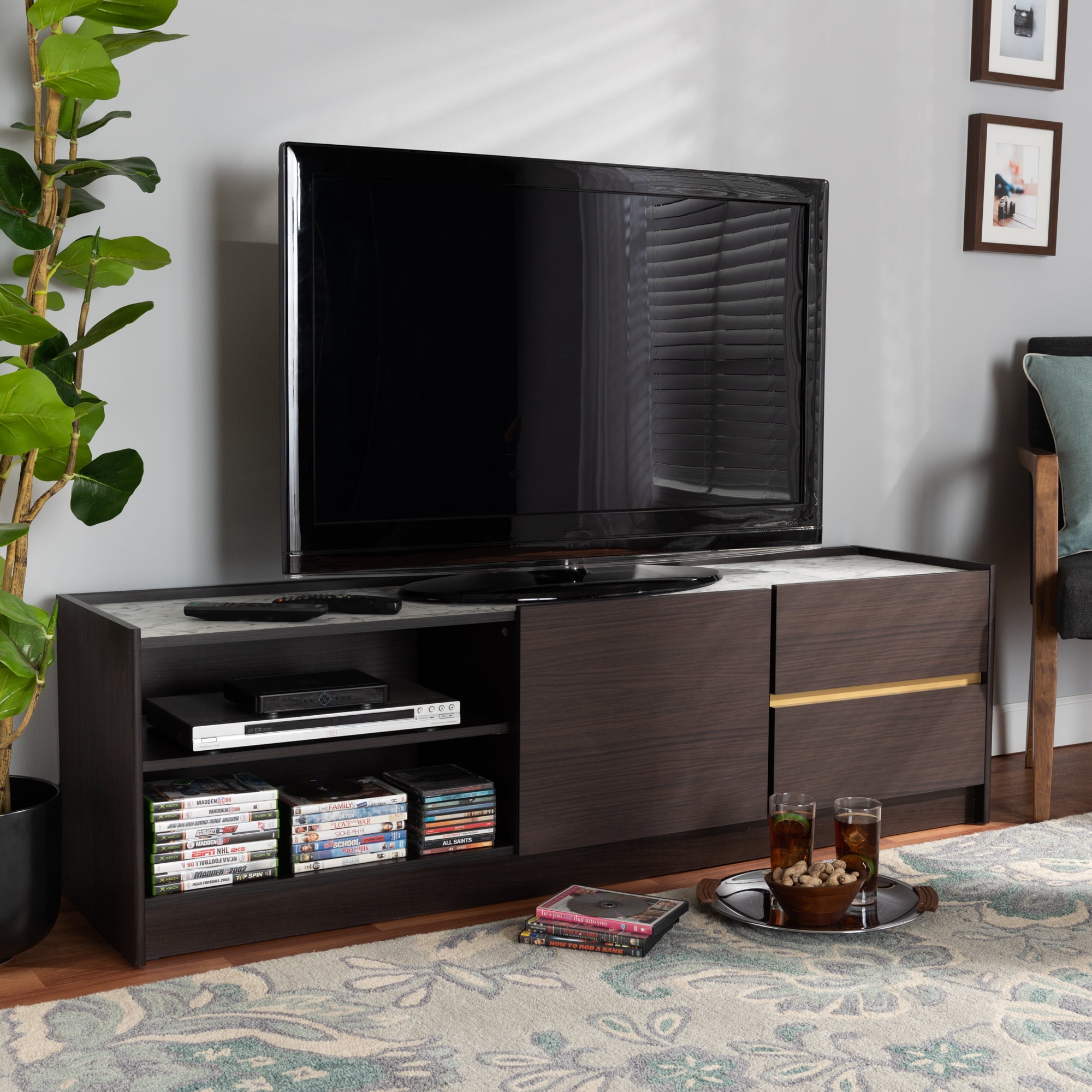 Baxton Studio Walker Modern and Contemporary Dark Brown and Gold Finished Wood TV Stand with Faux Marble Top