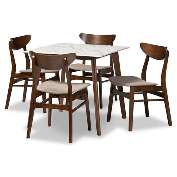 Mid-Century Modern Transitional Fabric Upholstered 5-Piece Dining Set with Faux Marble Dining Table