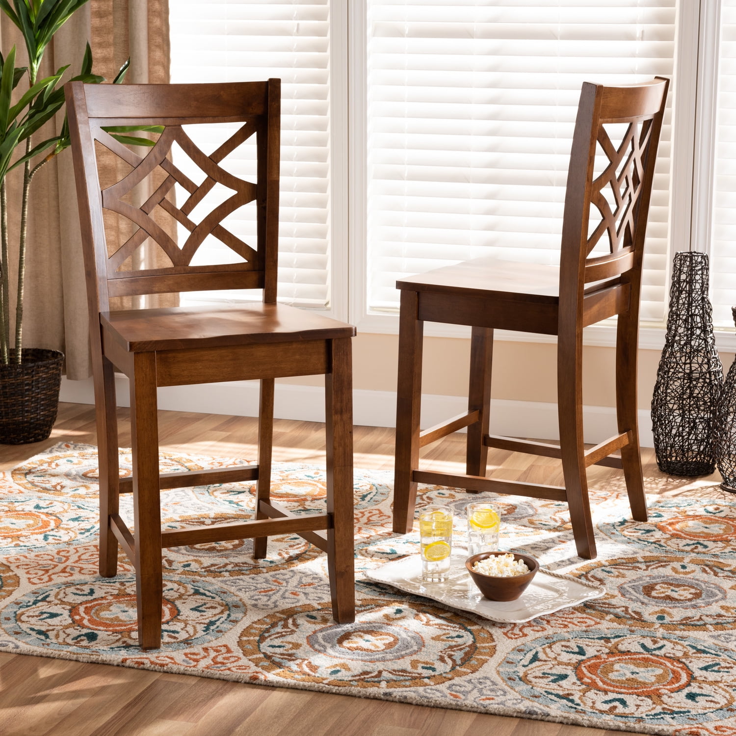 Nicolette Walnut Brown Wood Counter Stool with Intricate Backrest