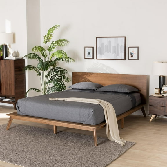 Baxton Studio Wheatley Mid-Century Modern Walnut Brown Finished Wood Queen Size Platform Bed