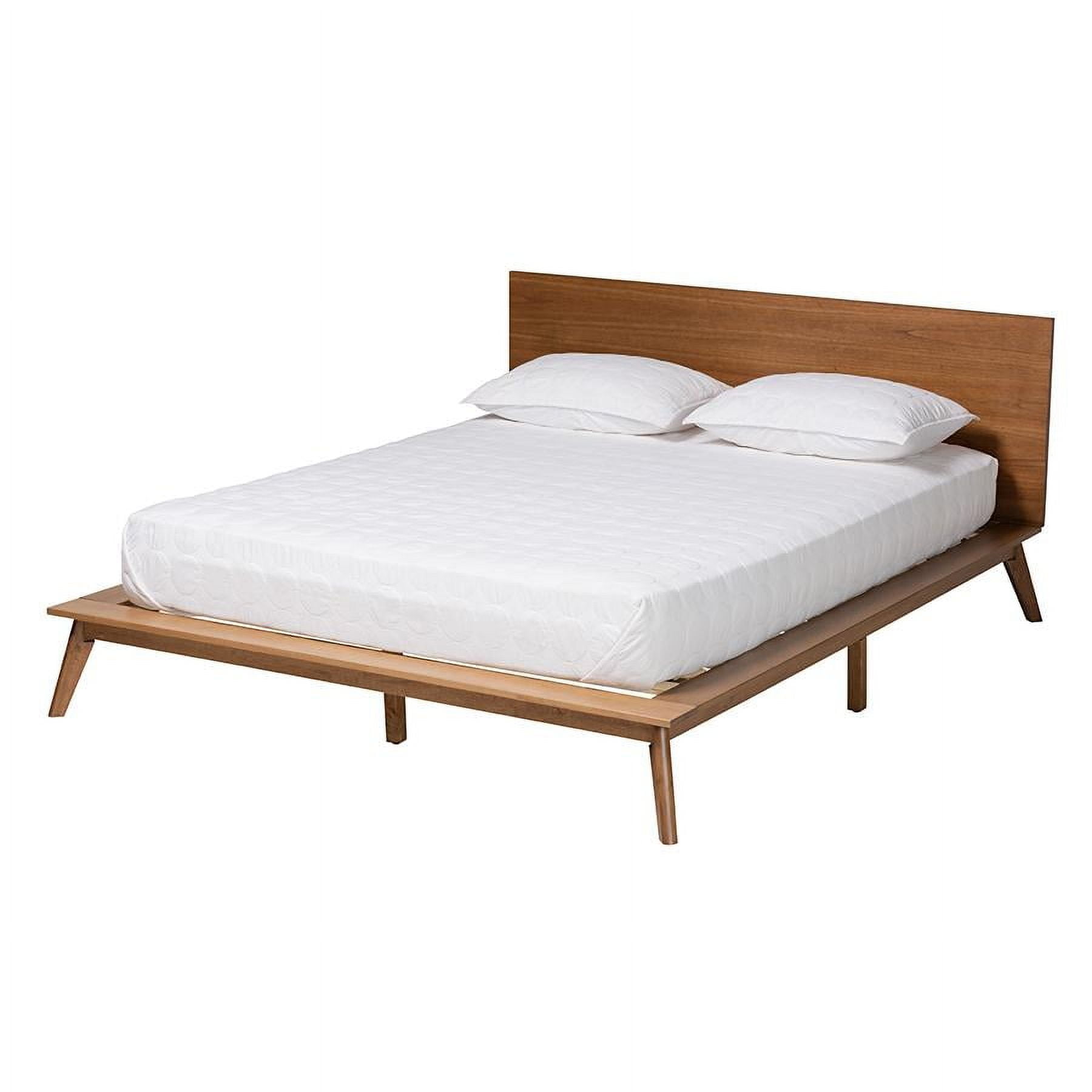 Walnut Brown Wood King Size Platform Bed with Upholstered Headboard