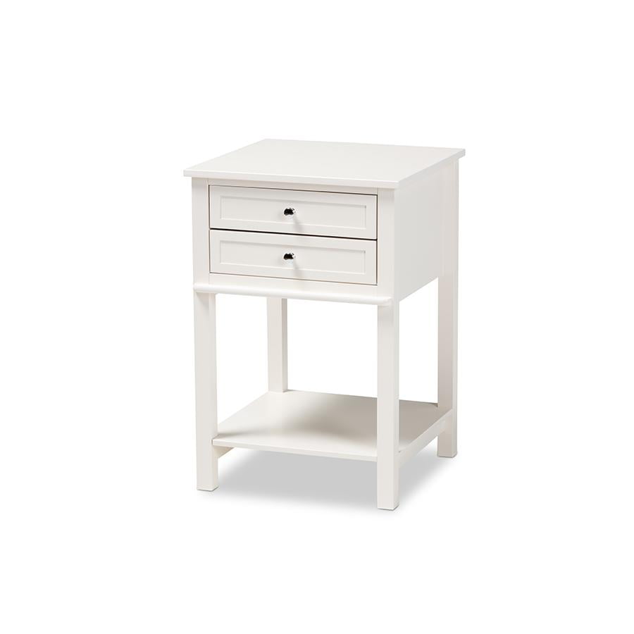 White Wood 2-Drawer Nightstand with Silver Knobs