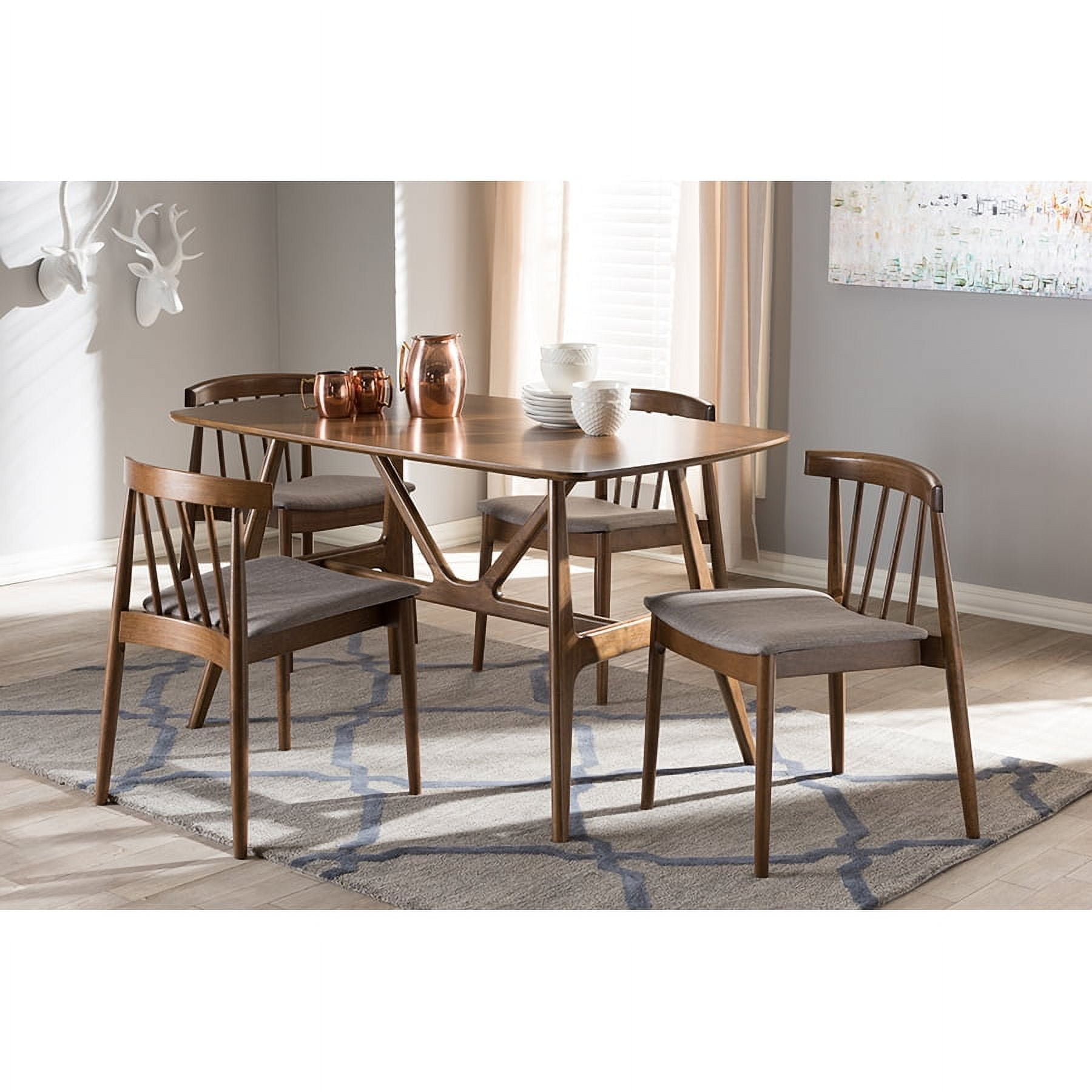 Wyatt Mid-Century Walnut 5-Piece Dining Set with Gray Upholstered Seats