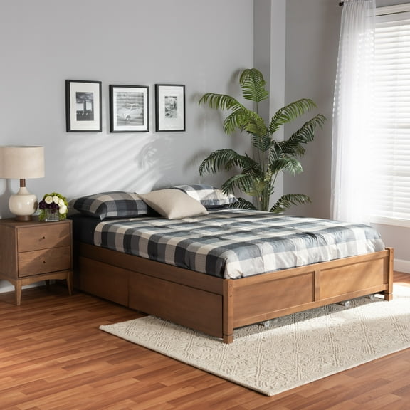 Baxton Studio Yara Modern and Contemporary Walnut Brown Finished Wood Queen Size 4-Drawer Platform Storage Bed Frame
