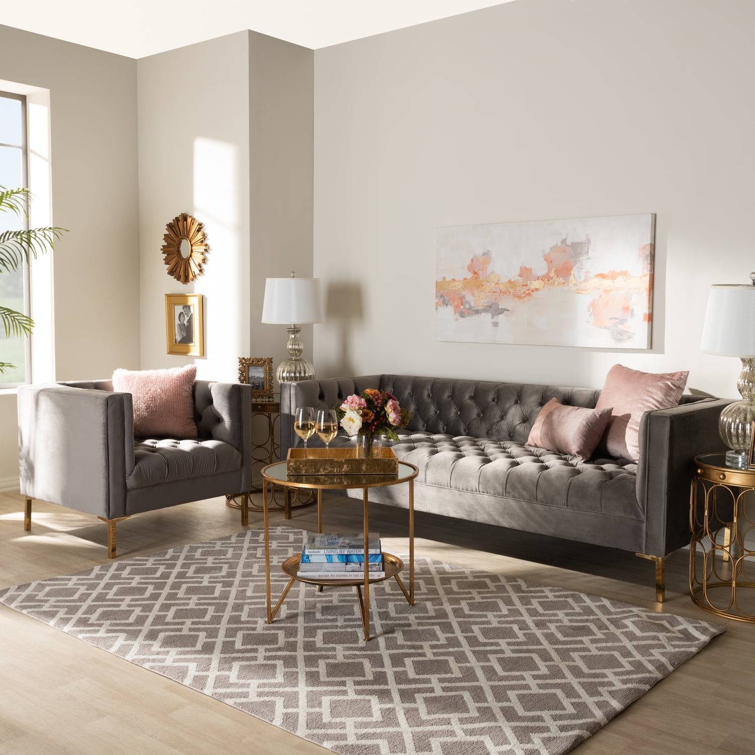 Zanetta Gray Velvet Sofa and Lounge Chair Set with Gold Legs