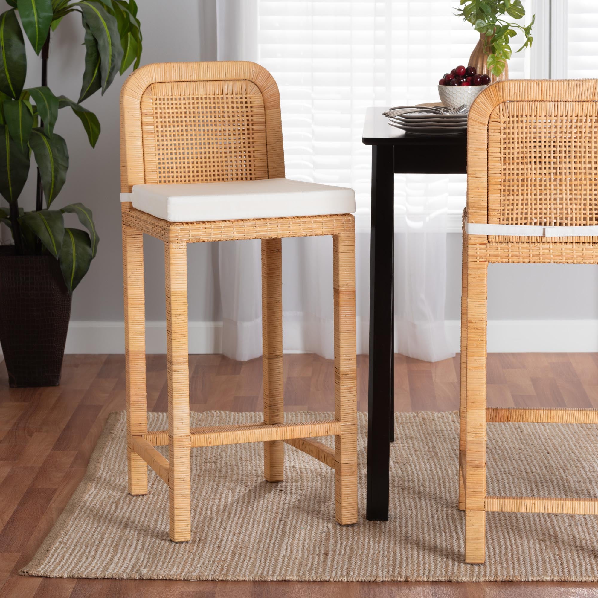 Baxton Studio Zariah Bohemian Bar Stool, White/Natural Brown
