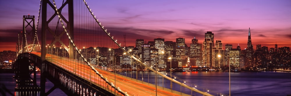 Bay Bridge Illuminated At Night San Francisco California USA Canvas Art - Panoramic Images (36 x 12)