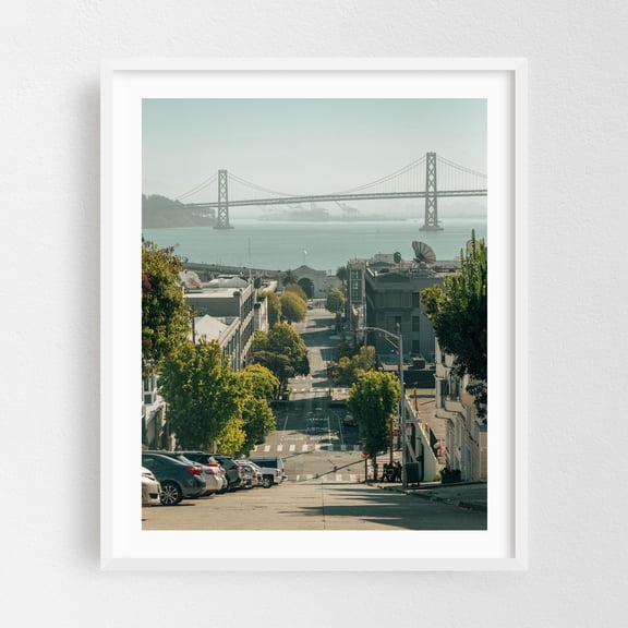 Down to the Bay Bridge - San Francisco California Photography Cityscape Bridge Street Photography Architecture Scenic Travel Poster White Framed Wall Art Print 16 x 20 inches