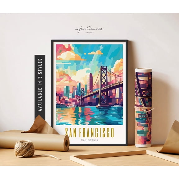 Bay Bridge San Francisco Poster Retro Travel Poster San Francisco Art Poster Skyline Sf Poster California Poster Travel Art Home Decor, 8x12 UNFRAMED