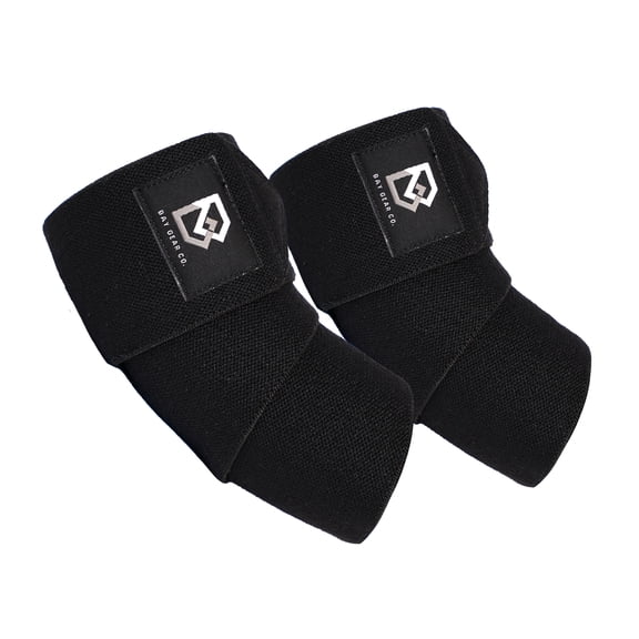 Bay Gear Co. Weightlifting Elbow Wraps (1 Pair) - Flexible Elbow Compression Strap & Joint Support Brace - For Bench Press, Powerlifting, Overhead Pressing and Heavy Lifts - Black