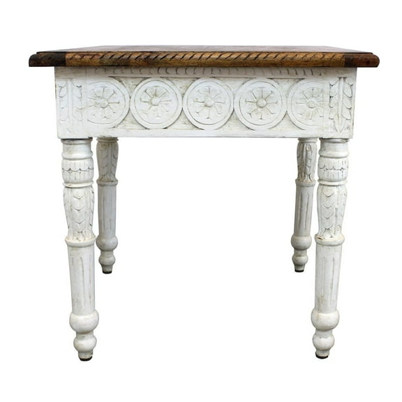 Bay Solid Wood Hand Carved End Table with Brown Top and Ivory Base