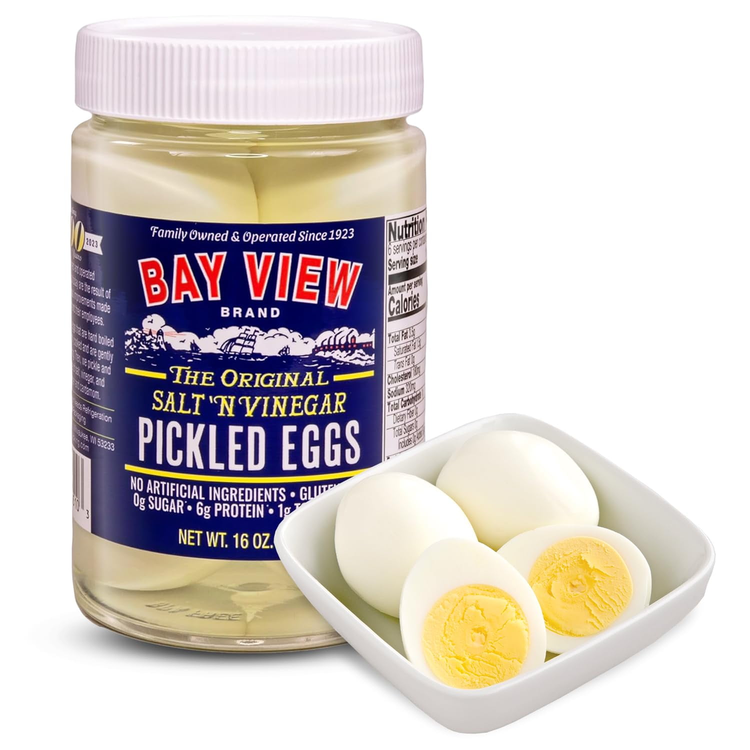 Bay View Pickled Eggs, No Artificial Ingredients, Gluten Free, 0g Sugar, 6g Protein, Fresh Grade A Eggs, Boiled and Peeled (16oz, Salt 'N Vinegar)