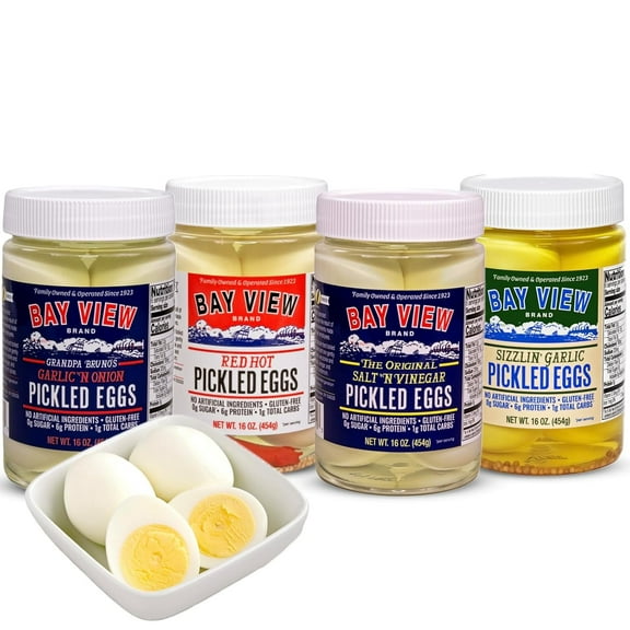 Bay View Pickled Eggs, No Artificial Ingredients, Gluten Free, 0g Sugar, 6g Protein, Fresh Grade A Eggs, Boiled and Peeled (16oz, Variety Pack)