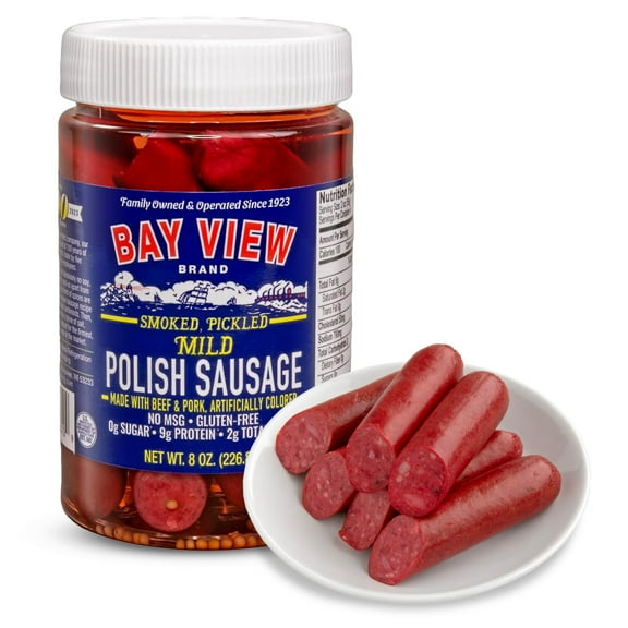 Bay View Smoked Pickled Polish Sausage, No MSG, Gluten Free, No Soy, 0g Sugar, 9g Protein, Hardwood Smoked, Mouthwatering Pickled Snack (8oz, Mild)