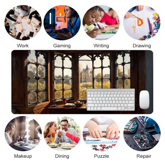 Bay Window Castle Scene Mouse Pad 31.5 x 11.82 inches Rubber Desk Accessory for Home Office and Workstation