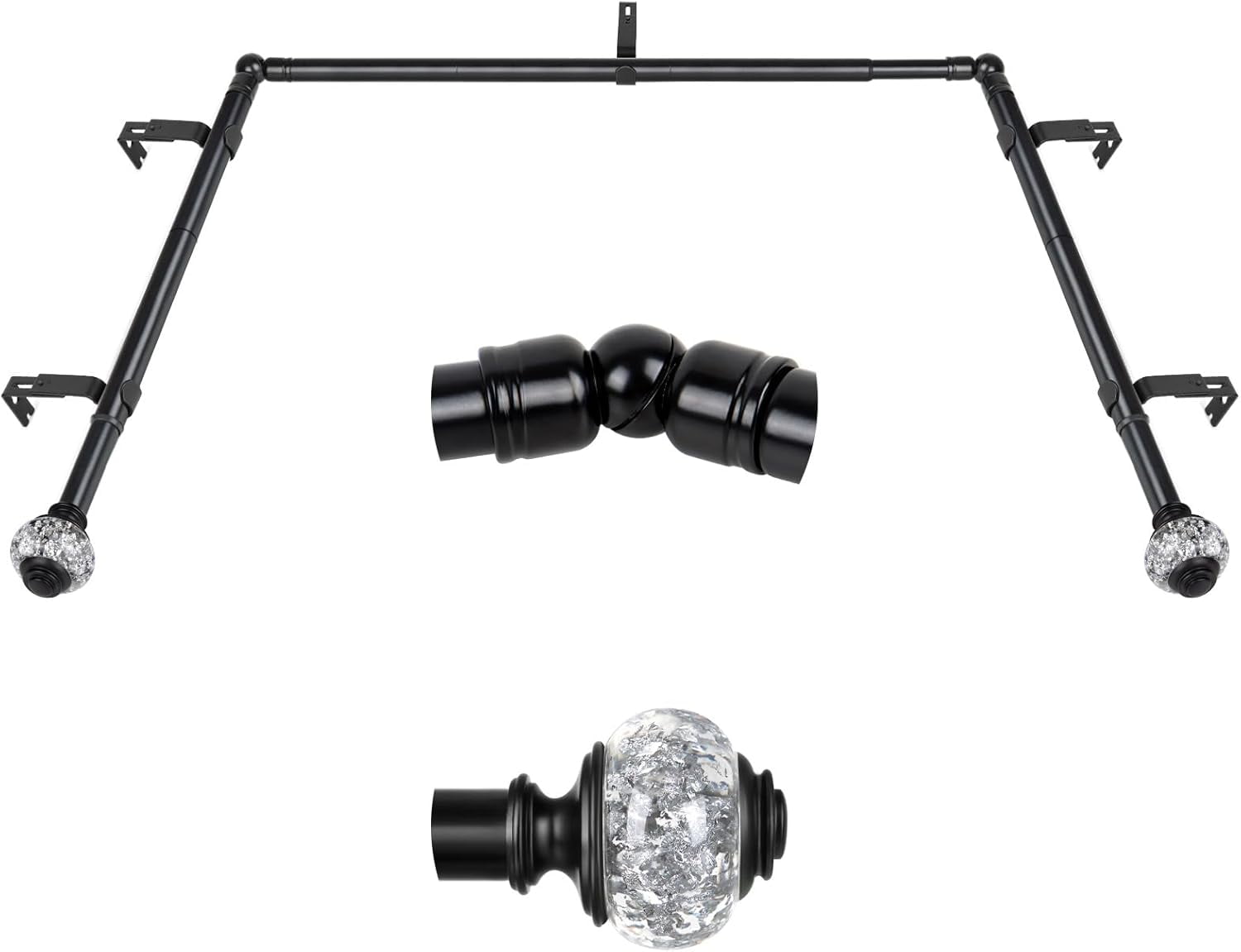 Bay Window Curtain Rod, Black Curtain Rods for Bay windows 32 to 86 Inch (Center Rod), 32 to 58 Inch Side Rod for windows, Decorative Drapery Rods with Bling Finials