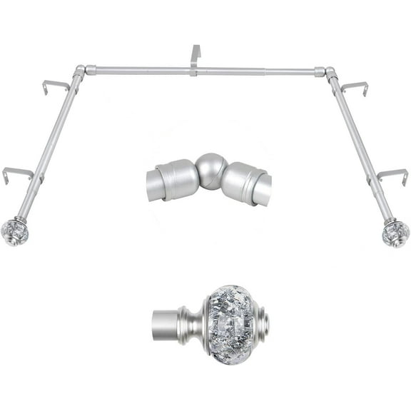 Bay Window Curtain Rod,Silver Curtain Rods for Bay windows 32 to 86 Inch (Center Rod), 32 to 58 Inch Side Rod for windows, Decorative Drapery Rods with Bling Finials