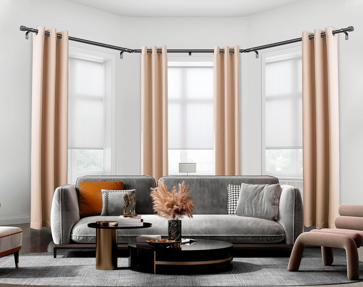 Bay Window Curtain Rods, 1 Inch Heavy Duty Curtain Rods for Bay Windows 36-72 Inch(Center Rod), 20-36 Inch Side Rods for Windows, Antique Bronze, Decorative Drapery Rods with End Cap Finials