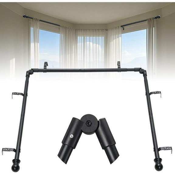 Bay Window Curtain Rods 1 Inch Rustproof Metal Corner Curtain Rod for Windows 59-184 Adjustable U Shape Rod - Foldable Corner Solution for Bay/Box/U Shaped Windows (Matte Black)