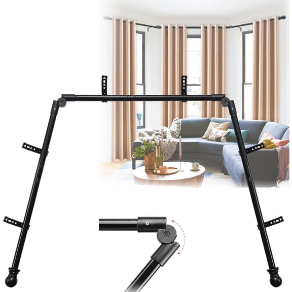 Bay Window Curtain Rods, 36-160" Heavy Duty Corner Curtain Rod, Adjustable DIY Design for Center and Side Rods,U-Shape 1 inch Drapery Rod Set with Brackets for Windows - Black