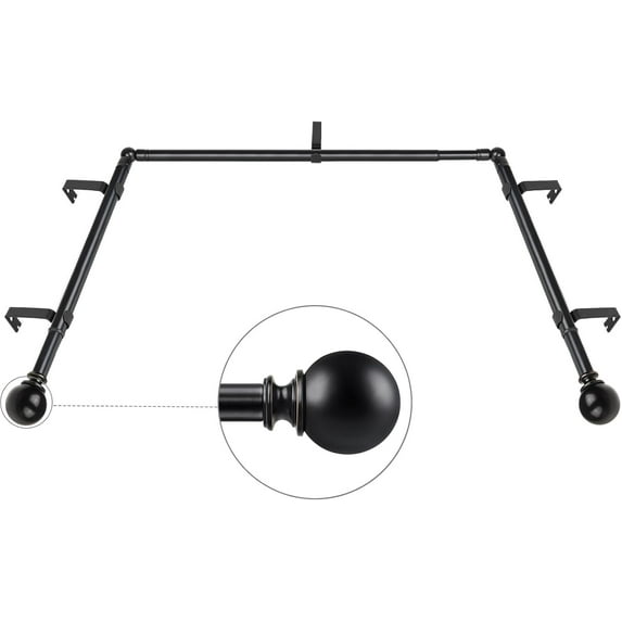 Bay Window Curtain Rods 48 to 84 Inches (Center Rod), 32 to 58 Inch Side Rods for windows, 7/8 inch Decorative Heavy Duty Curtain Rods with Round Ends, Black