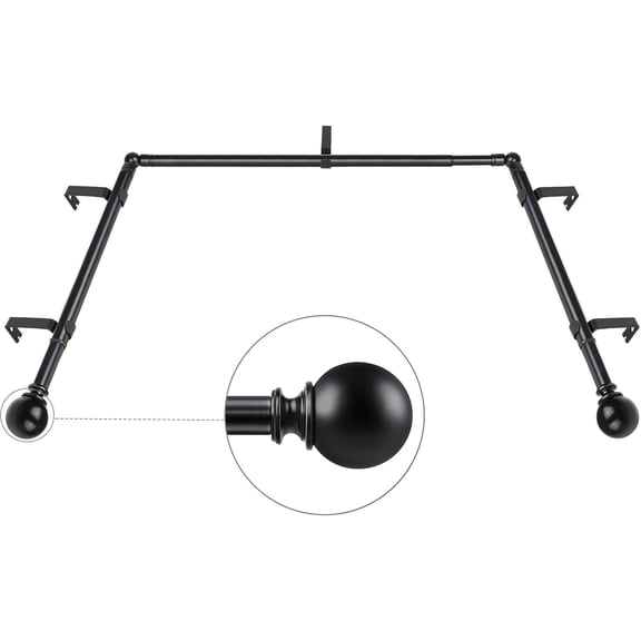 Bay Window Curtain Rods 48 to 84 Inches (Center Rod), 32 to 58 Inch Side Rods for windows, 7/8 inch Decorative Heavy Duty Curtain Rods with Round Ends, Black