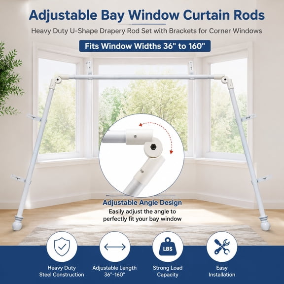 Bay Window Curtain Rods, Adjustable Heavy Duty U-Shape Drapery Rod Set, 36-160" Corner Rod with Brackets for Windows, White
