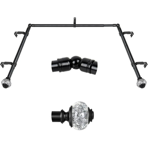 Bay Window Curtain Rod, Black Curtain Rods for Bay windows 32 to 86 Inch (Center Rod), 32 to 58 Inch Side Rod for windows, Decorative Drapery Rods with Bling Finials