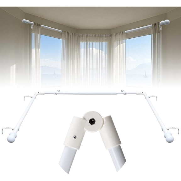 Bay Window Curtain Rods, Heavy Duty 1 Inch Metal Corner Curtain Rod for Windows 59 to 184 Inches, U Shaped Adjustable Curved Curtain Rod with Brackets&Decorative End for Bedroom, Living Room, White
