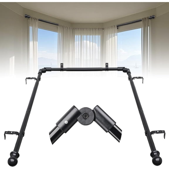 Bay Window Curtain Rods,Heavy Duty 1 Inch Metal U Shaped Adjustable Curved Curtain Rod for Windows 59 to 184 Inches,Corner Curtain Rod with Brackets&Decorative End for Bedroom,Living Room