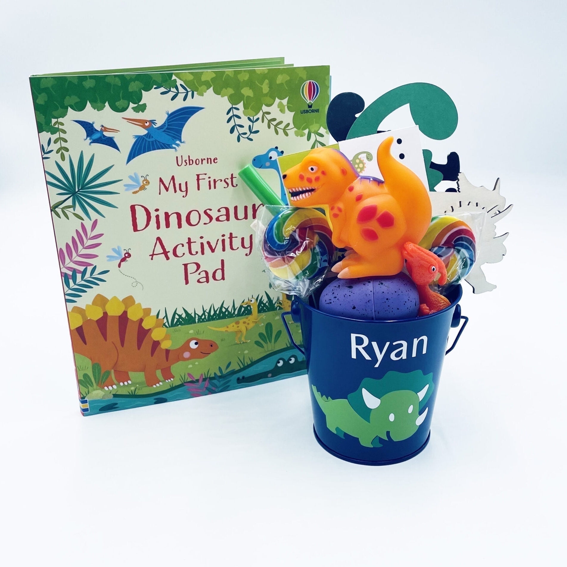 Dinosaur Birthday Gift Basket, Personalized, Candy, Crafts, Blue, Activity Pad