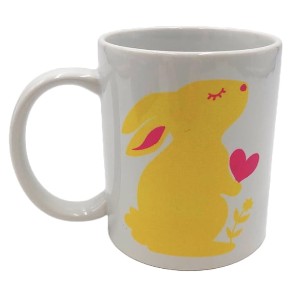 12 oz. Easter Mug Personalized Gift, Yellow Bunny, Ceramic, Pink Heart, Round Handle