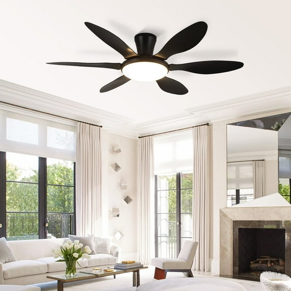 PHORUS 51" Modern Ceiling Fan with Light,Low Profile Flush Mount, Remote & App Control, Quiet Reversible DC Motor, 6 Blade Softer Wind Indoor/Outdoor Patio,Black