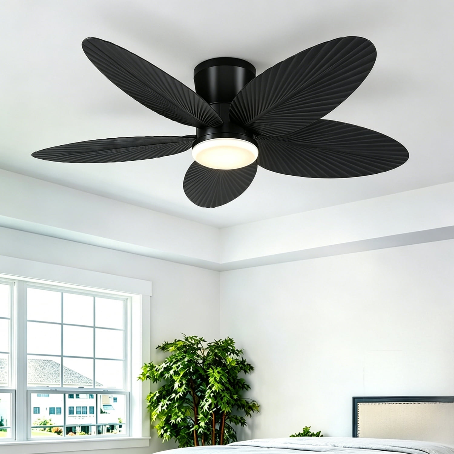 PHORUS 42'' Outdoor Ceiling Fan with Light and Remote,5 Palm Leaf Blades Ceiling Fan,Low Profile Tropical Energy Efficient Ceiling Fans for Outdoor,Indoor,Black