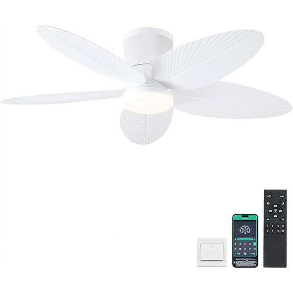 BayDay 42" White Palm Leaf Ceiling Fan with Lights, Remote/APP Control, Dimmable LED, Flush Mount, Low Profile, Reversible DC Motor for Bedroom, Living Room, Indoor/Outdoor Patio Use