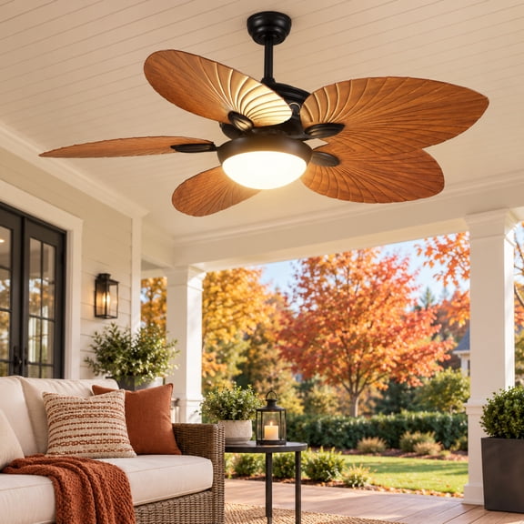 Phorus 44-Inch Light Brown Tropical Ceiling Fan with LED Light, 5 Palm Leaf Blades, Reversible DC Motor, Remote and App Control