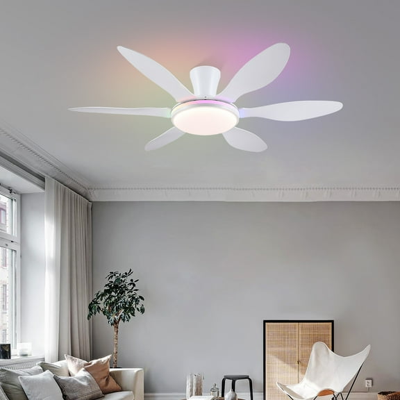PHORUS 51" Modern White Ceiling Fan with Light and RGB LED, Low Profile Flush Mount, Remote & App Control, Quiet Reversible DC Motor, 6 Blade Softer Wind Indoor/Outdoor Patio