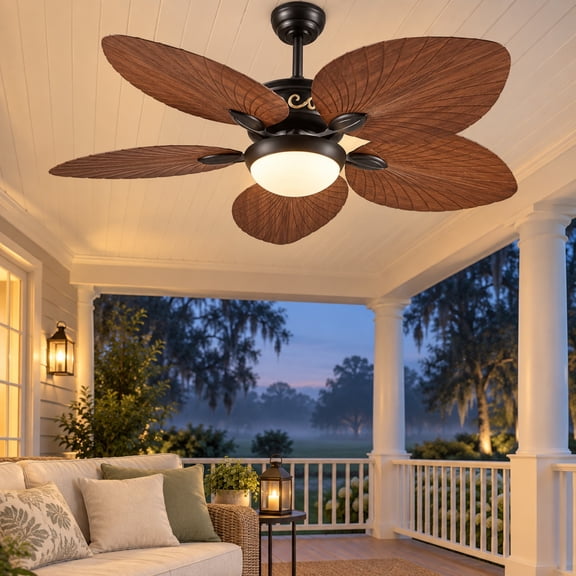 Phorus 44 in. Dark Brown Palm Leaf Ceiling Fan with LED Light, Remote and App Control