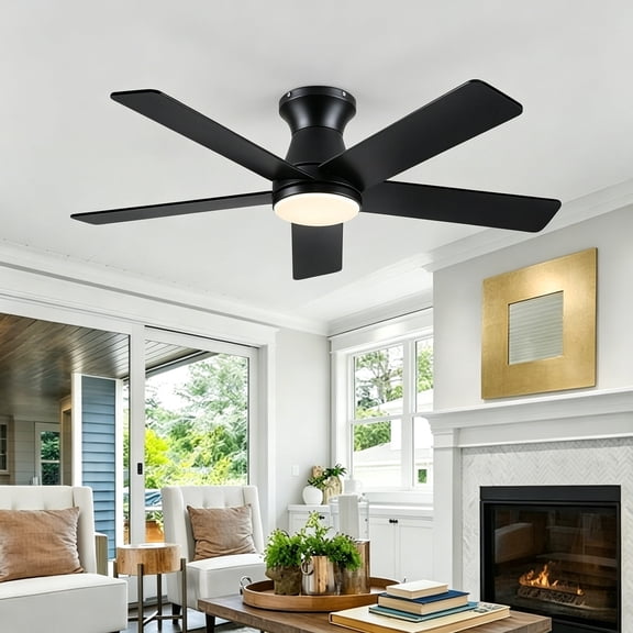 Phorus 46 in Black Flush Mount Ceiling Fan with LED Light and Remote, Low Profile DC Motor, Dimmable, Reversible