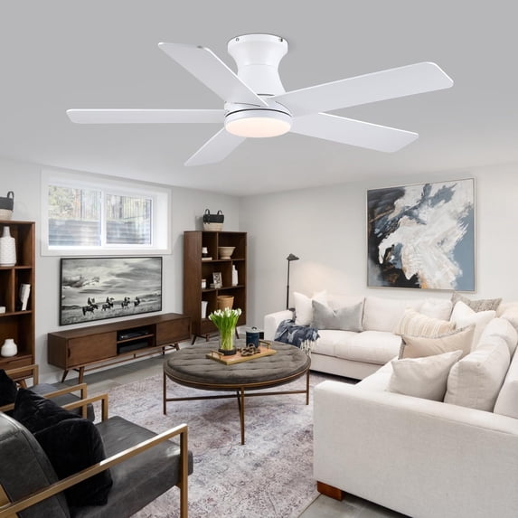 PHORUS 46" Ceiling Fan with LED Lights, Quiet DC Motor,Remote Control,Reversible,Dimmable,Modern Low Profile Flush Mount Fandelier for Living Room, Kitchen,Bedroom,Patio,Indoor,Outdoor,White