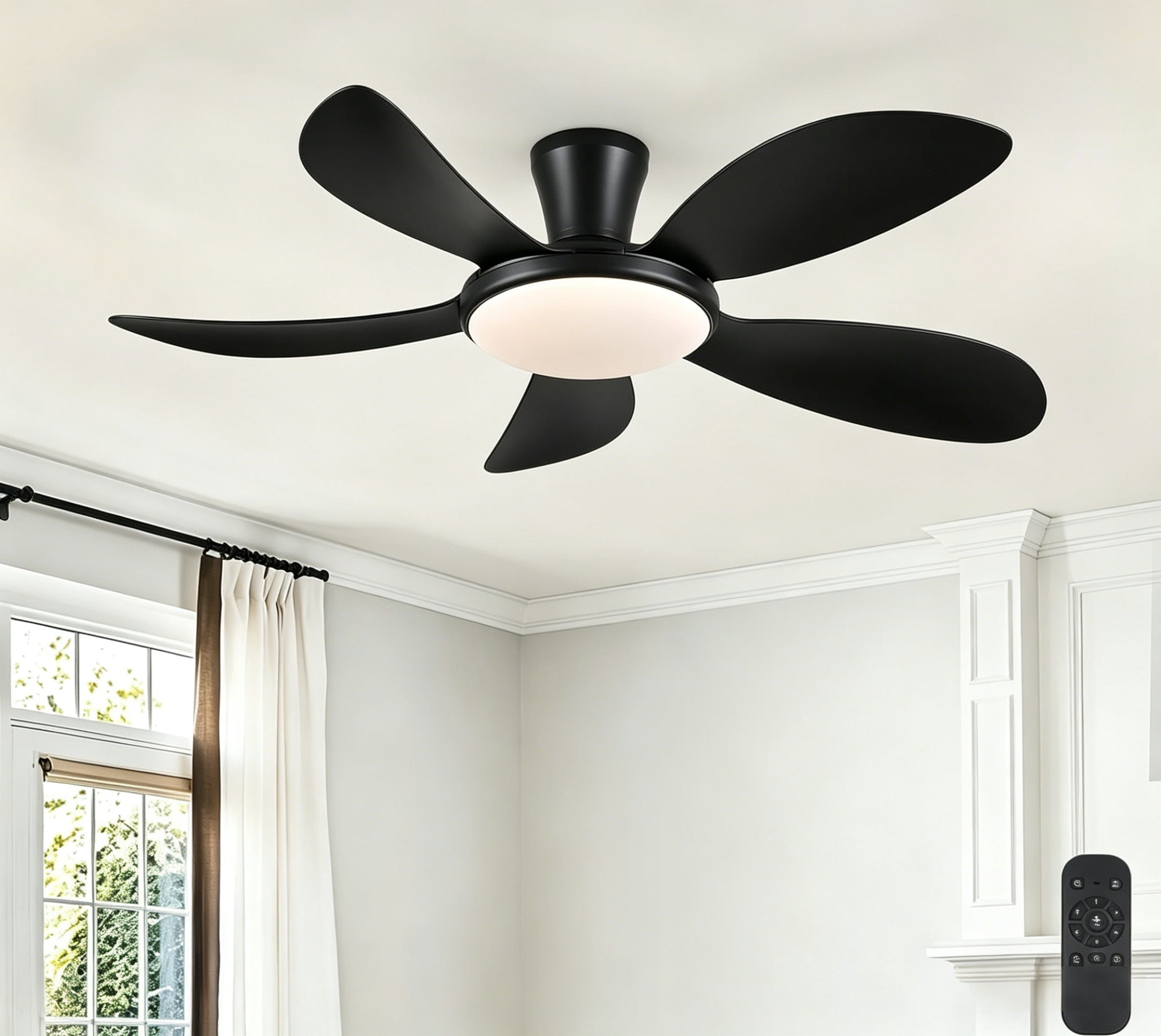 PHORUS 48" Black Low Profile Flush Mount Ceiling Fan with Dimmable 3-CCT LED Light, Remote and APP Control, Quiet Reversible DC Motor, 6-Speed Indoor and Covered Outdoor Ceiling Fan
