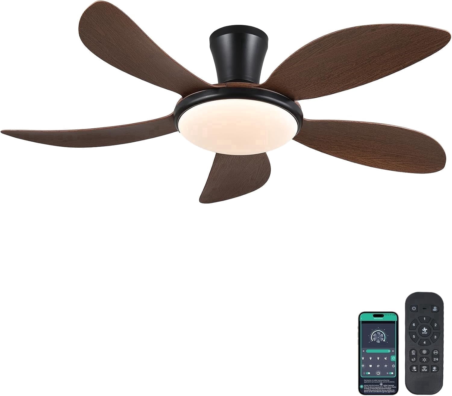 PHORUS 48" Low Profile Ceiling Fan with Dimmable LED Light, Quiet Reversible DC Motor, 6 Speeds, Remote & App Control – For Indoor & Covered Outdoor Use, Brown